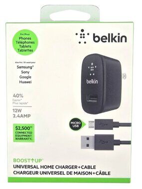 Belkin Black Universal Home Charger + Cable, 12W 2.4AMP, for Phones, Tablets